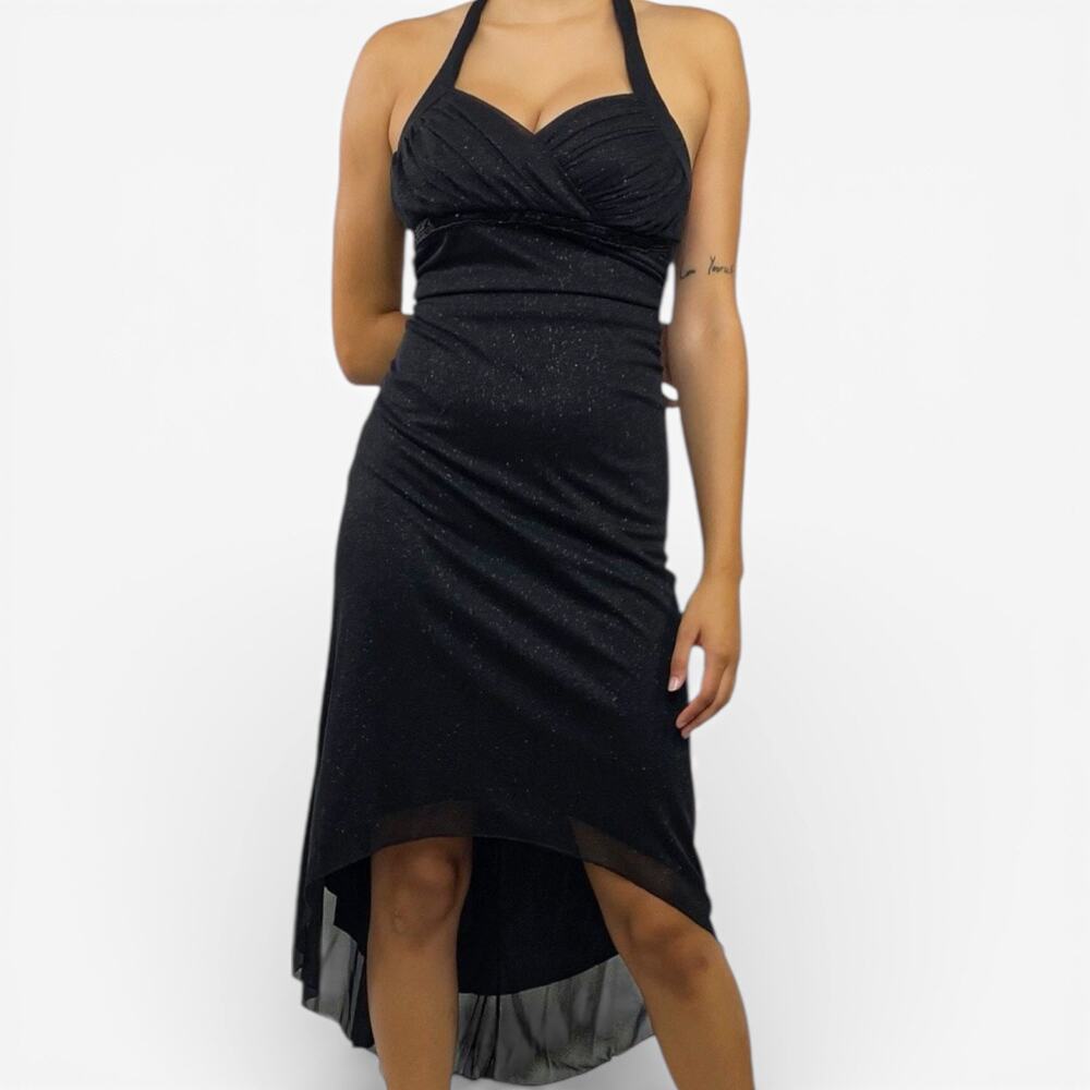 Vintage Black Glitter Asymmetrical Ruched Halter Neck Dress Sz Medium